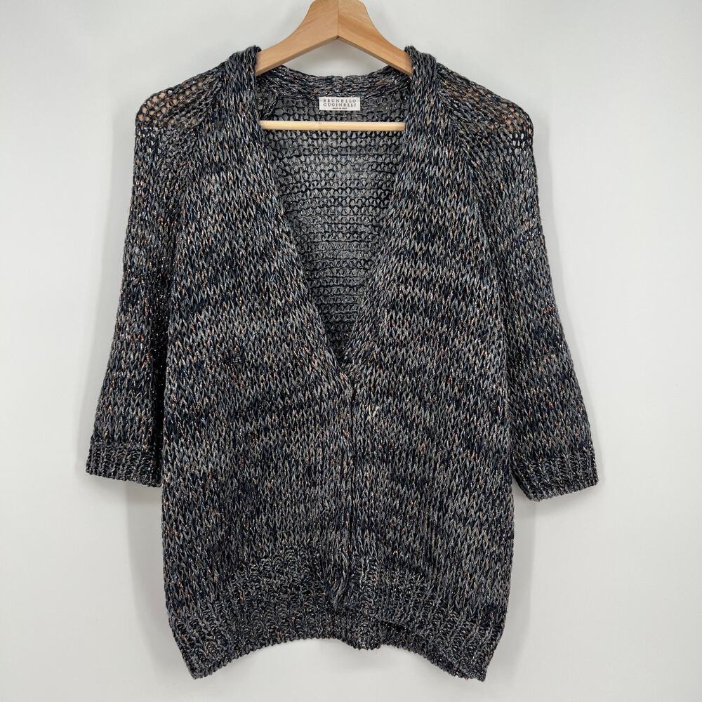 Brunello Cucinelli Linen Hemp Blend Cardigan Womens XS Blue Gray Metallic V-Neck